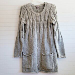 J.Jill Long Cardigan Womens Small Gray Marled Duster Cable Knit Pockets Roll Hem
